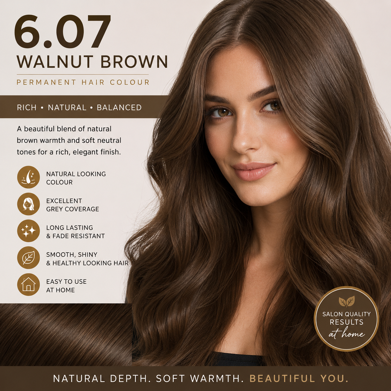 Advertisement for 6.07 Walnut Brown hair color with a woman wearing the color.
