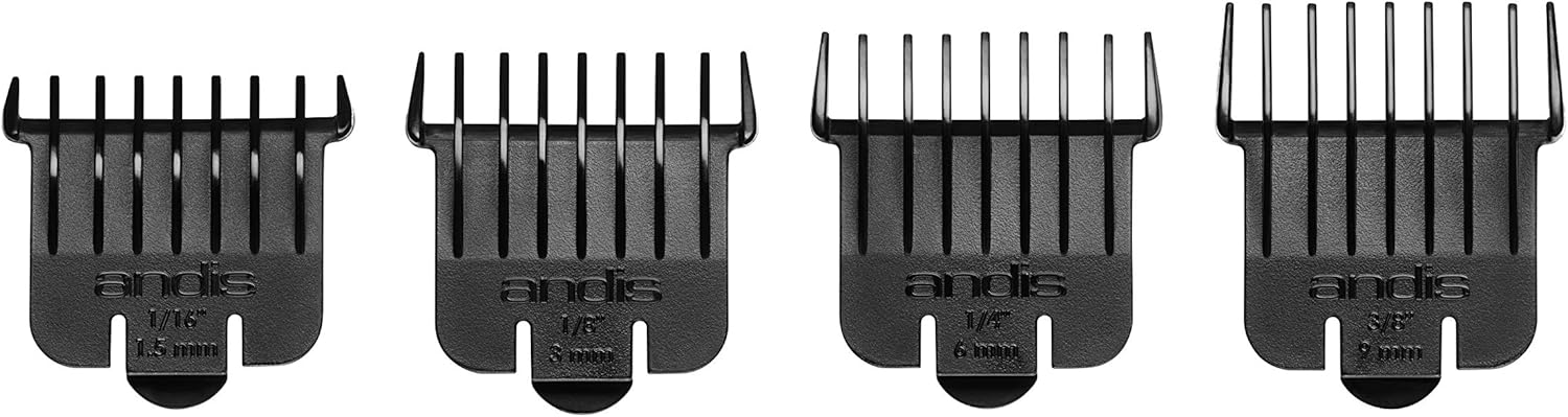 Andis - Snap-On T-Blade Attachment Combs – 4/Piece Comb Set - Suitable for Hair Clipper Trimmer, Professional Use, Easy Clean, Long-Lasting - Sizes, 1.5, 3, 6, 9 mm (1/16", 1/8", 1/4", 3/8") – Black