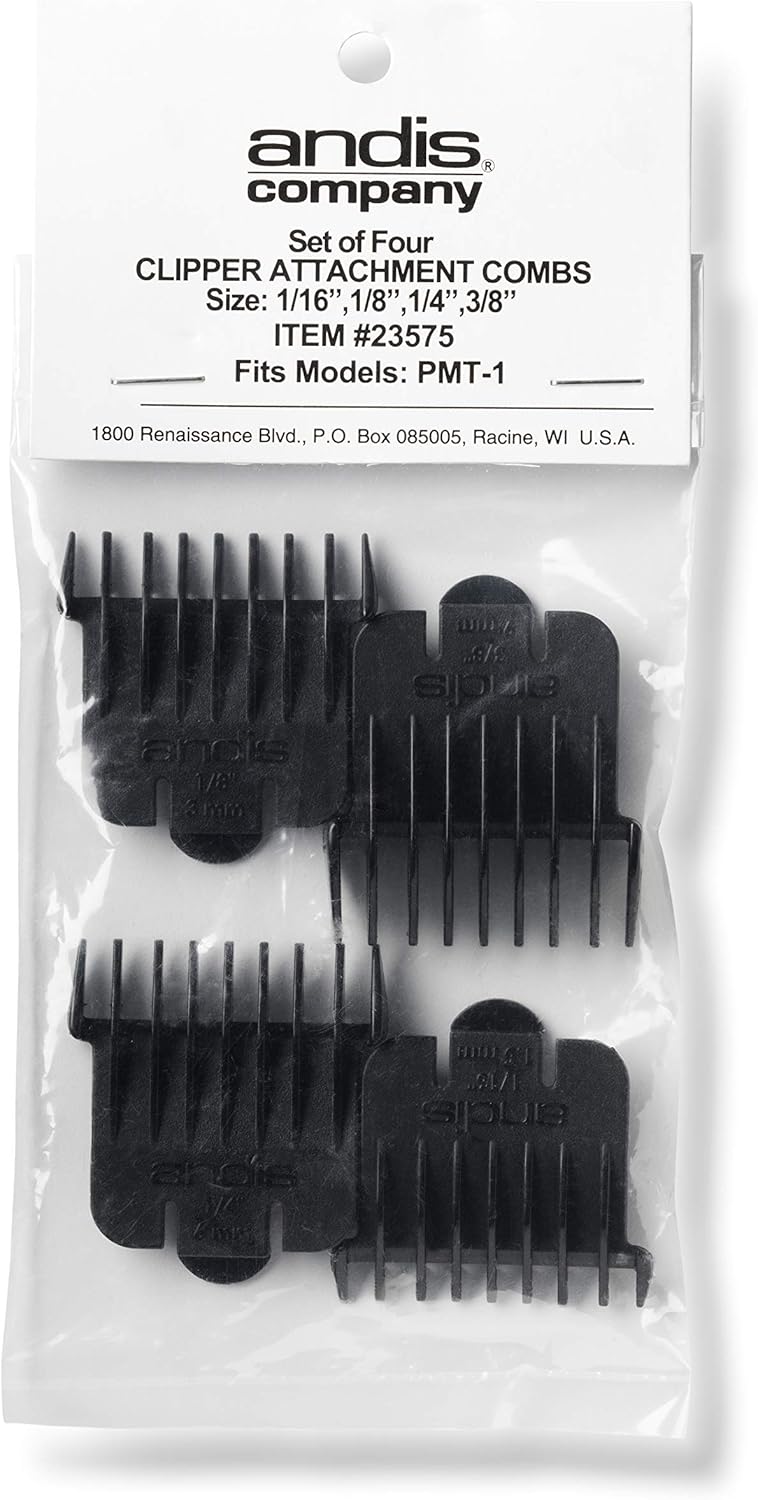 Set of four clipper attachment combs in packaging with Andis Company label.