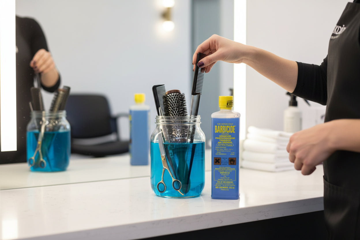 Barbicide liquid solution for use in salons or can be used at just anywhere include Home use. Since it is a Germicide, Fungicide, Virucide