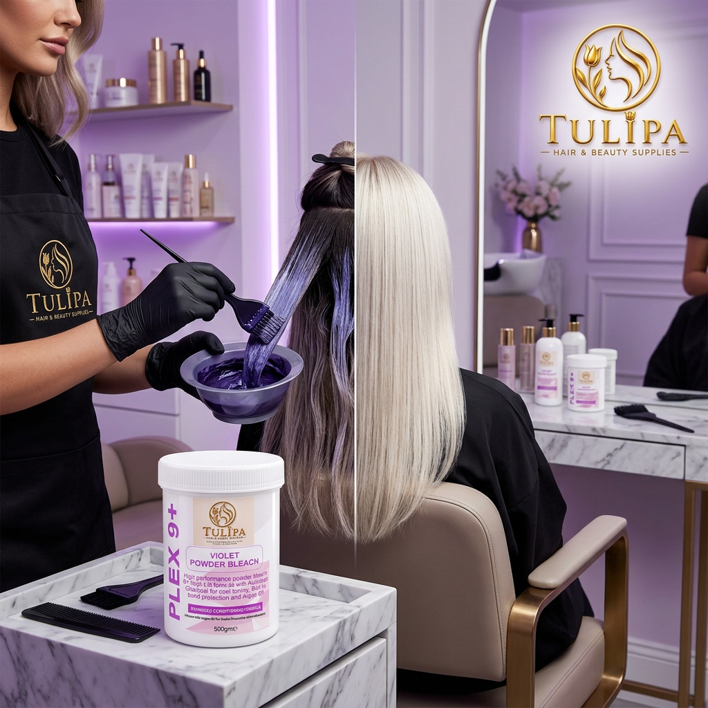 Tulipa Violet Powder Bleach 500g PLEX 9+ tub with gold Tulipa logo against a pale violet background